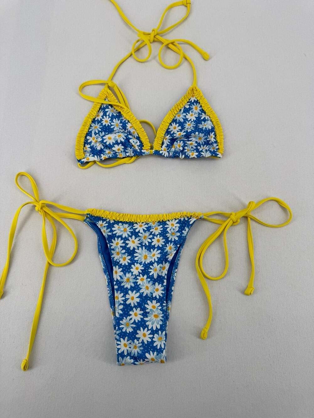 Frankies Bikinis Daisy Print Bikini Set Medium Blue Yellow